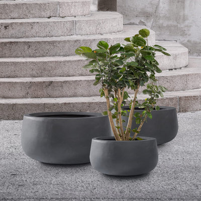 Kante Kante 19.6",15.7",11.8" Dia Round Concrete Planters Set of 3, Outdoor Indoor Garden Plant Pots with Drainage Hole and Rubber Plug, Modern Curvaceous Design, Charcoal