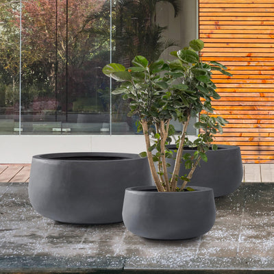 Kante Kante 19.6",15.7",11.8" Dia Round Concrete Planters Set of 3, Outdoor Indoor Garden Plant Pots with Drainage Hole and Rubber Plug, Modern Curvaceous Design, Charcoal