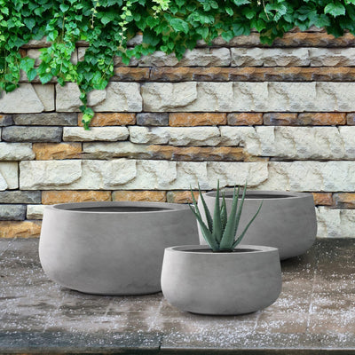 Kante Kante 19.6",15.7",11.8" Dia Round Concrete Planters Set of 3, Outdoor Indoor Garden Plant Pots with Drainage Hole and Rubber Plug, Modern Curvaceous Design, Natural Concrete