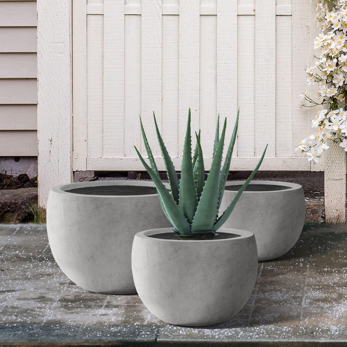 Kante Kante 19.9",15.7",11.8" Dia Round Concrete Planter Set of 3, Outdoor/Indoor Large Bowl Plant Pots with Drainage Hole and Rubber Plug for Garden Patio Balcony Home, Natural Concrete