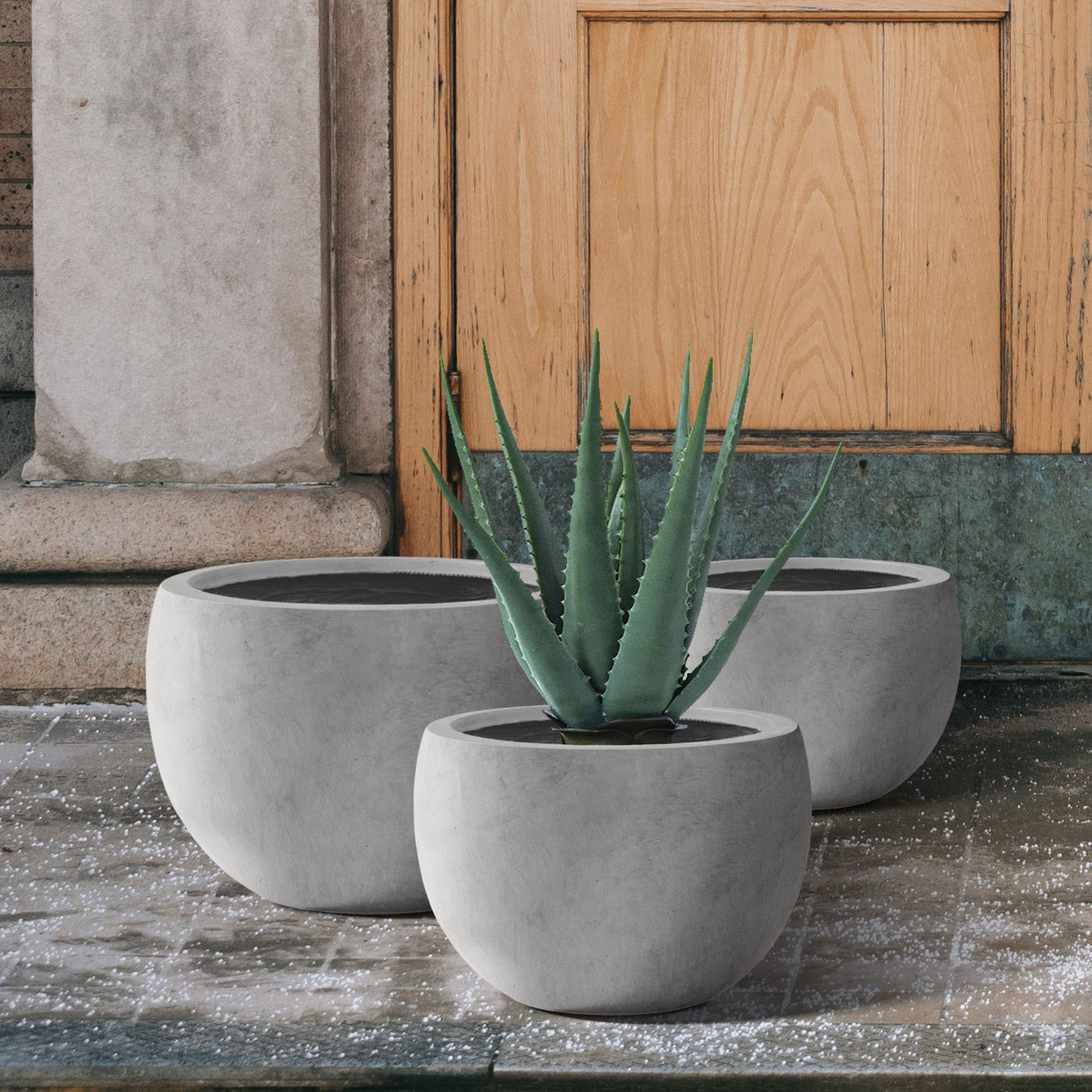 Kante Kante 19.9",15.7",11.8" Dia Round Concrete Planter Set of 3, Outdoor/Indoor Large Bowl Plant Pots with Drainage Hole and Rubber Plug for Garden Patio Balcony Home, Natural Concrete