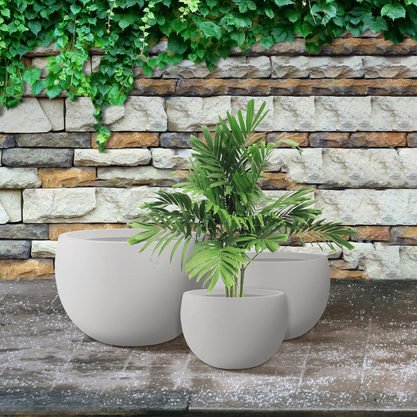 Kante Kante 19.9",15.7",11.8" Dia Round Concrete Planter Set of 3, Outdoor/Indoor Large Bowl Plant Pots with Drainage Hole and Rubber Plug for Garden Patio Balcony Home, Pure White