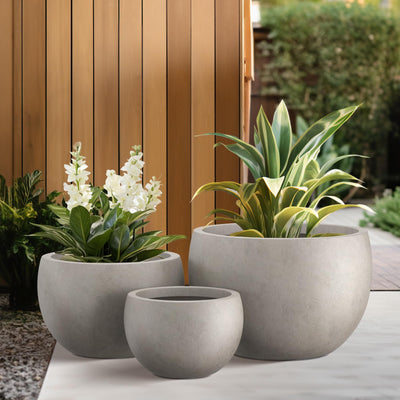 Kante Kante 19.9",15.7",11.8" Dia Round Concrete Planter Set of 3, Outdoor/Indoor Large Bowl Plant Pots with Drainage Hole and Rubber Plug for Garden Patio Balcony Home, Weathered Concrete