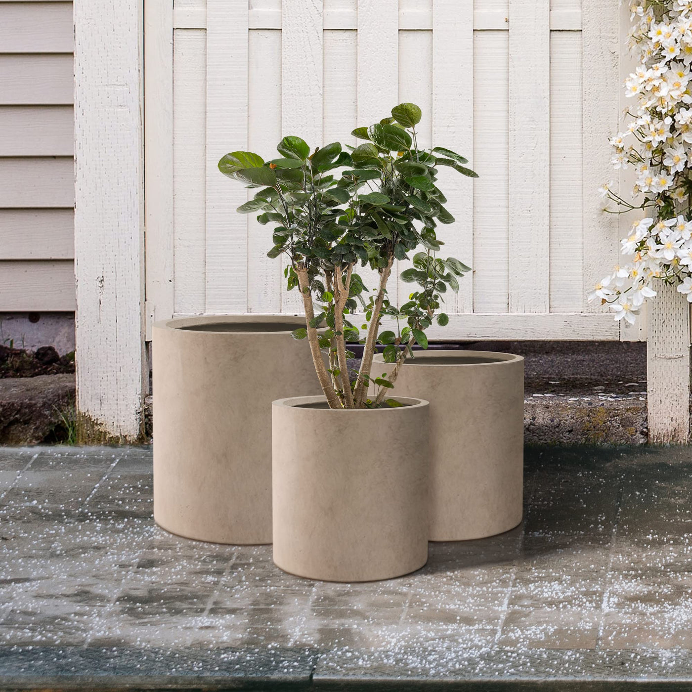 Kante Kante 9.8",12.6",15.7" Dia Round Concrete Planter Set of 3, Modern Style Large Cylindrical Plant Pot with Drainage Hole and Rubber Plug for Indoor Outdoor Patio, Weathered Concrete