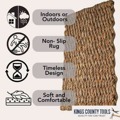 Kings County Tools Kings County Tools Jute Rug | Woven Door Mat | Natural Fiber Jute Entry Rug | Reversible Indoor & Outdoor Doormat | Hand Braided | Safe for Decking | Soft & Durable Burlap Rag Rug Runner | 30" x 17"