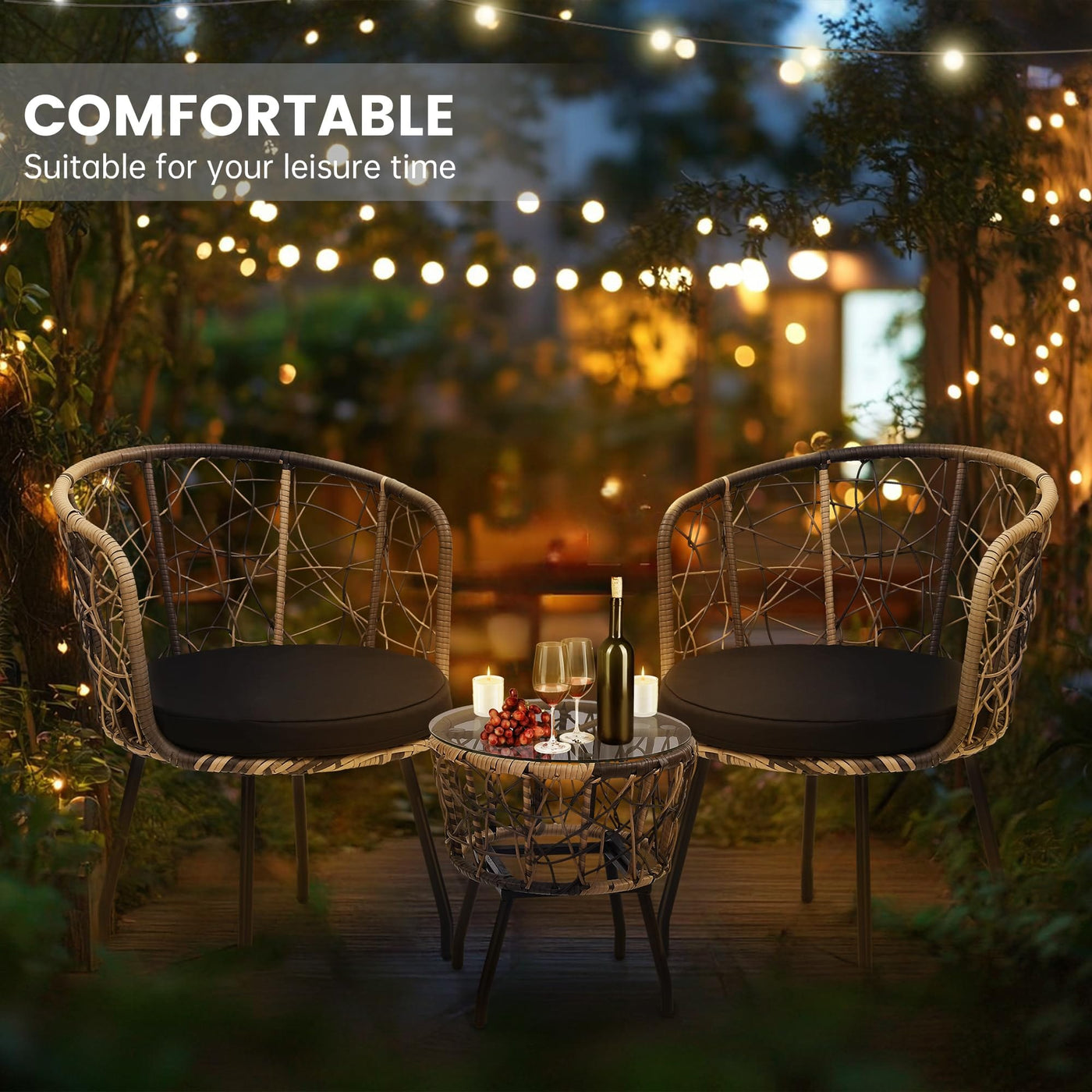 Kromax Kromax Boho 3 Piece Bistro Set, Modern Outdoor Wicker Patio Furniture with Tempered Glass Table Top and 2 Chairs, Washable Cushions, Natural Rattan and Black Cushion