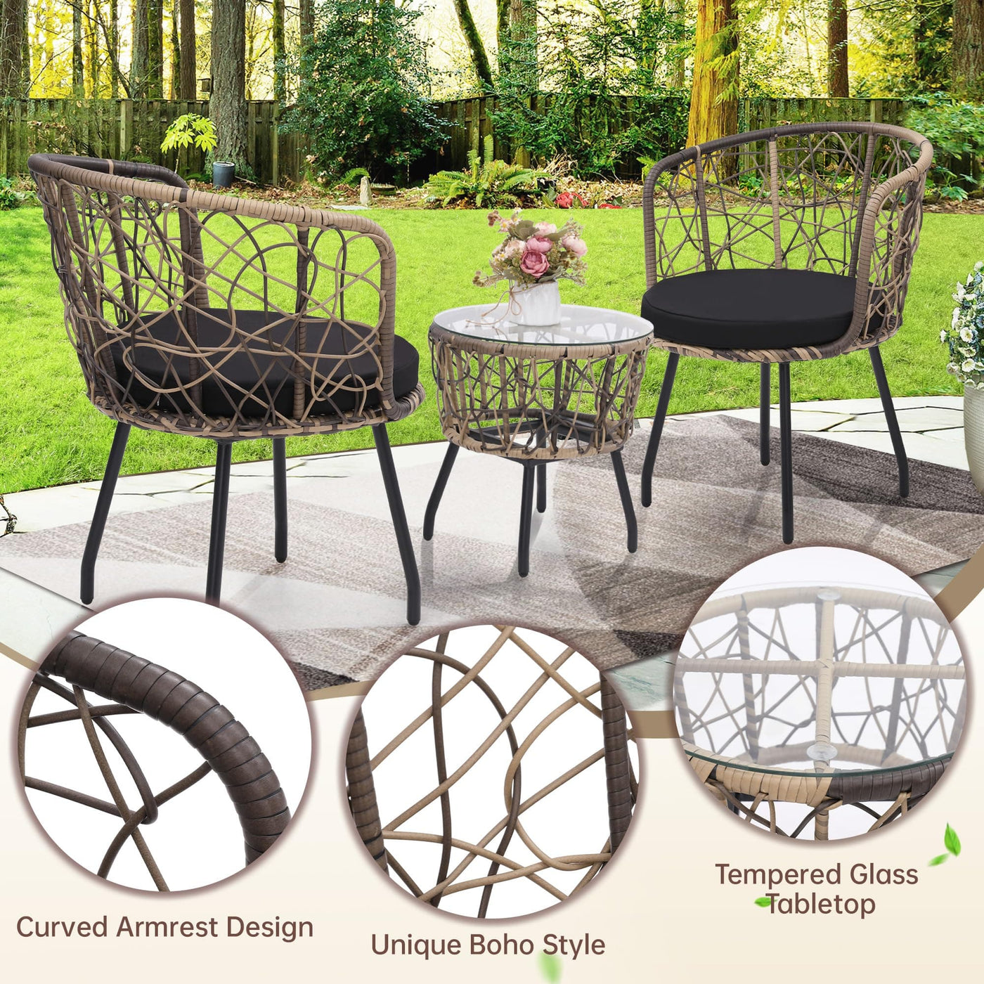 Kromax Kromax Boho 3 Piece Bistro Set, Modern Outdoor Wicker Patio Furniture with Tempered Glass Table Top and 2 Chairs, Washable Cushions, Natural Rattan and Black Cushion