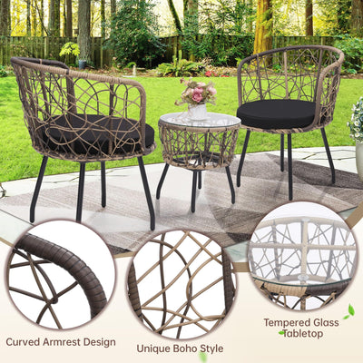 Kromax Kromax Boho 3 Piece Bistro Set, Modern Outdoor Wicker Patio Furniture with Tempered Glass Table Top and 2 Chairs, Washable Cushions, Natural Rattan and Black Cushion