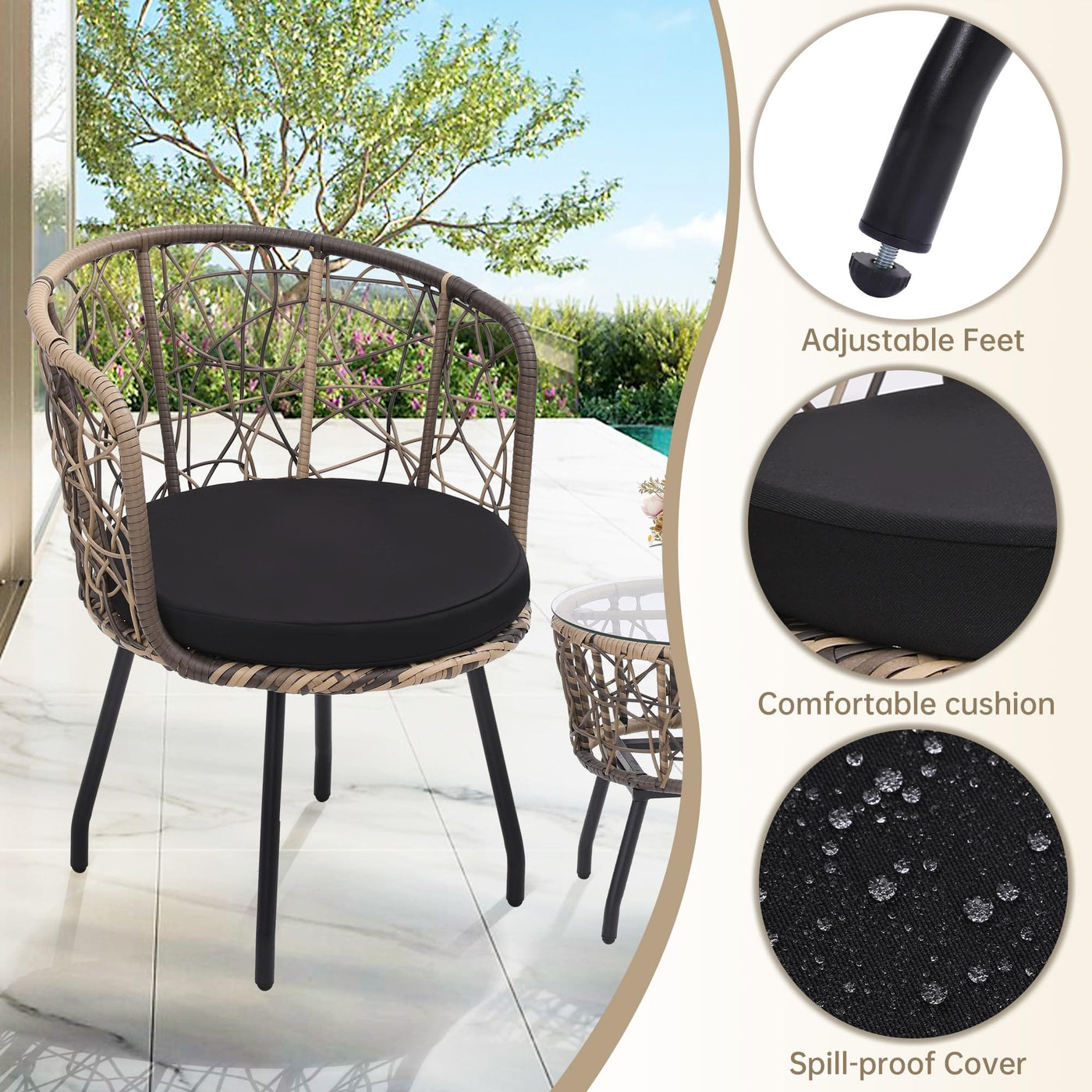 Kromax Kromax Boho 3 Piece Bistro Set, Modern Outdoor Wicker Patio Furniture with Tempered Glass Table Top and 2 Chairs, Washable Cushions, Natural Rattan and Black Cushion