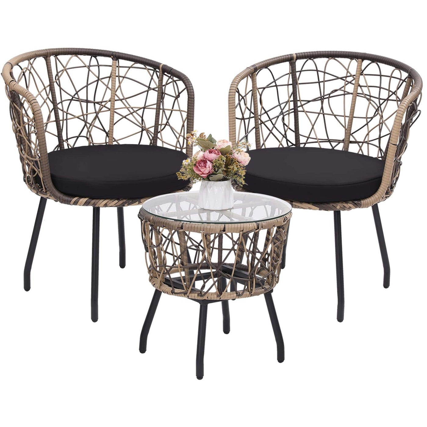 Kromax Kromax Boho 3 Piece Bistro Set, Modern Outdoor Wicker Patio Furniture with Tempered Glass Table Top and 2 Chairs, Washable Cushions, Natural Rattan and Black Cushion