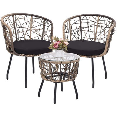 Kromax Kromax Boho 3 Piece Bistro Set, Modern Outdoor Wicker Patio Furniture with Tempered Glass Table Top and 2 Chairs, Washable Cushions, Natural Rattan and Black Cushion