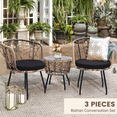 Kromax Kromax Boho 3 Piece Bistro Set, Modern Outdoor Wicker Patio Furniture with Tempered Glass Table Top and 2 Chairs, Washable Cushions, Natural Rattan and Black Cushion