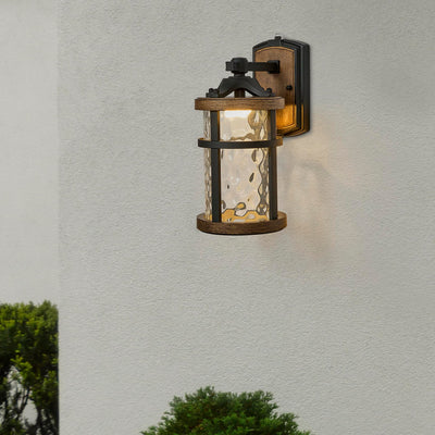 Maxxima Maxxima LED Outdoor Wall Light, Black w/Wood Grain Style Finish, Clear Hammered Glass, 800 Lumens, 3000K Warm White, Dusk to Dawn Sensor, Farmhouse Wall Mount Sconce, Rustic Coach Lantern