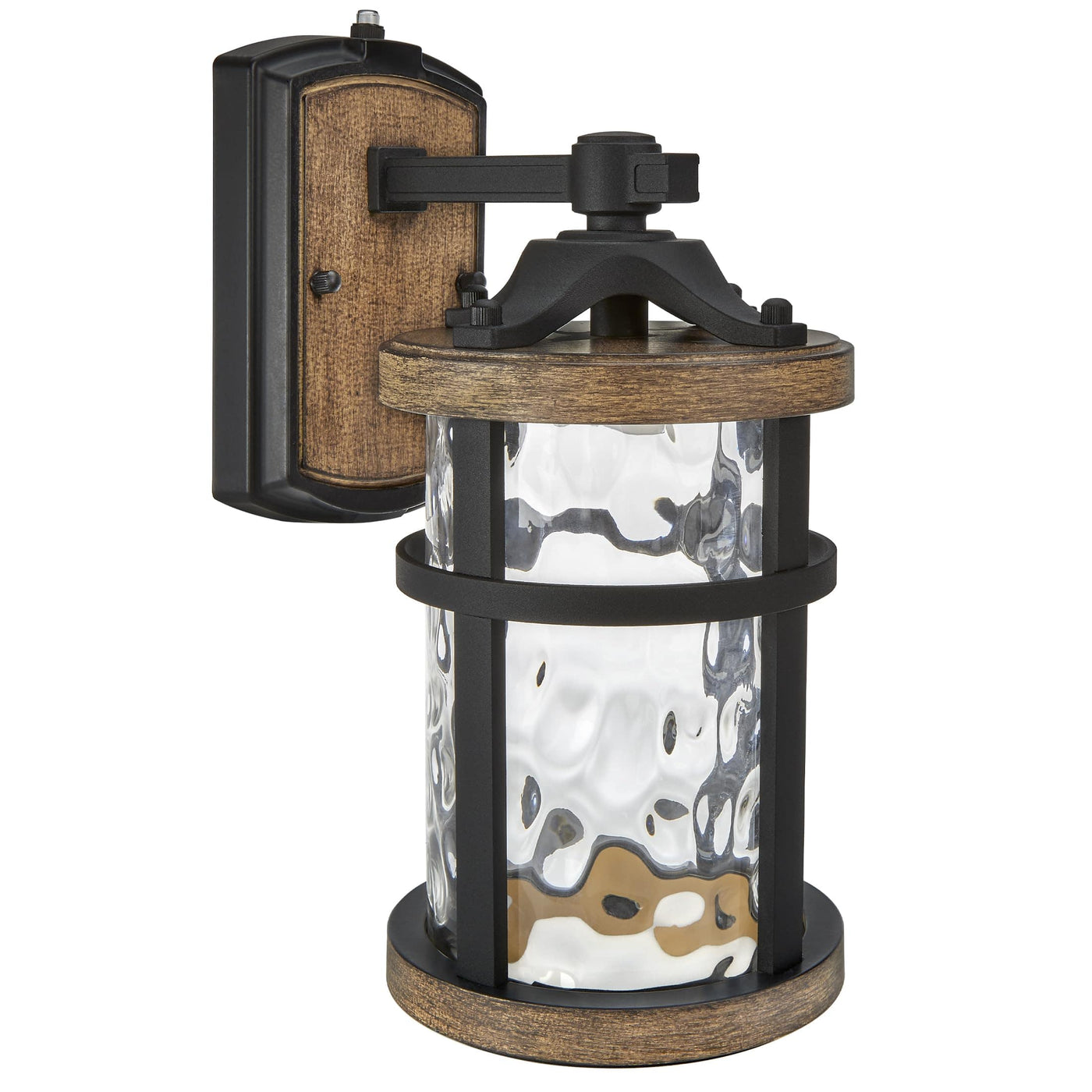 Maxxima Maxxima LED Outdoor Wall Light, Black w/Wood Grain Style Finish, Clear Hammered Glass, 800 Lumens, 3000K Warm White, Dusk to Dawn Sensor, Farmhouse Wall Mount Sconce, Rustic Coach Lantern