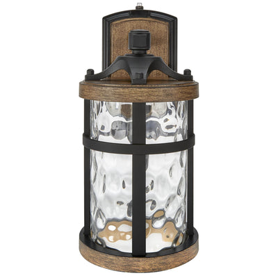 Maxxima Maxxima LED Outdoor Wall Light, Black w/Wood Grain Style Finish, Clear Hammered Glass, 800 Lumens, 3000K Warm White, Dusk to Dawn Sensor, Farmhouse Wall Mount Sconce, Rustic Coach Lantern