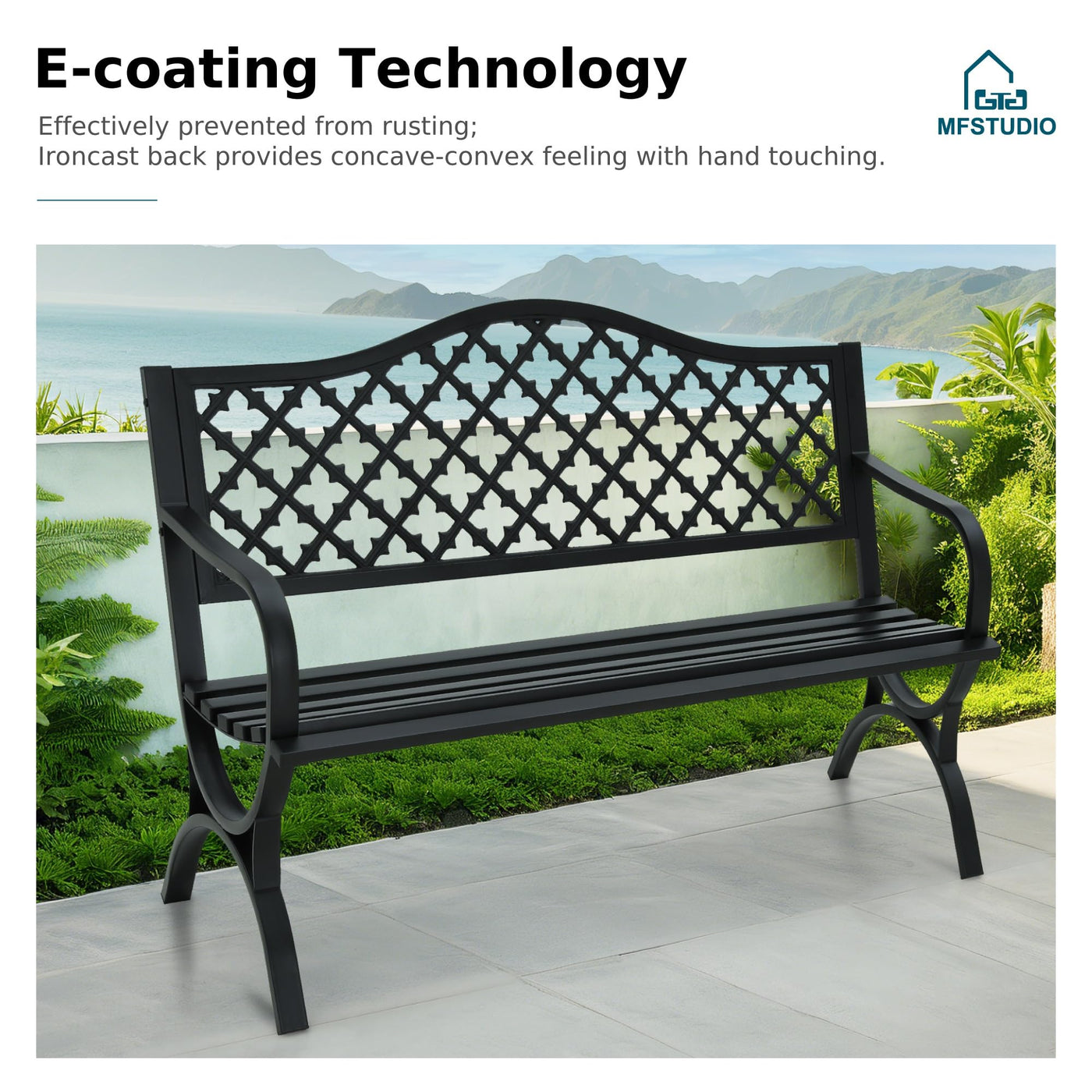 MFSTUDIO MFSTUDIO 50" Black Outdoor Metal Garden Bench with Arch Legs, Cast Iron Frame Patio Furniture with E-Coating, Perfect for Porch and Yard