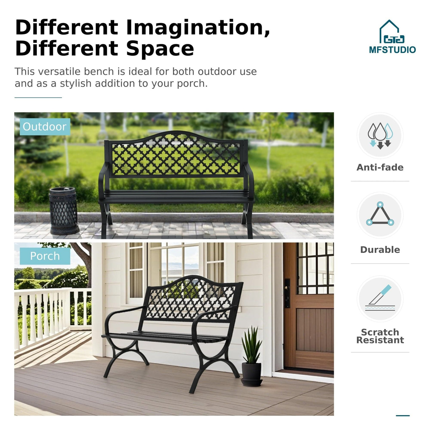 MFSTUDIO MFSTUDIO 50" Black Outdoor Metal Garden Bench with Arch Legs, Cast Iron Frame Patio Furniture with E-Coating, Perfect for Porch and Yard