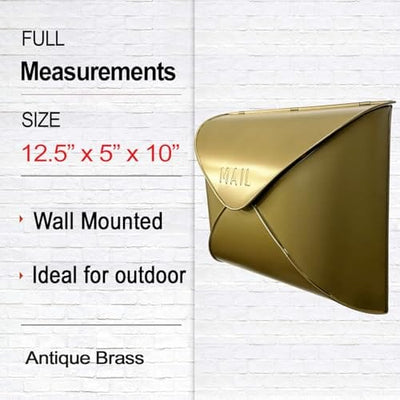 NACH NACH Envelope Wall Mount Mailbox, Maximum Rust Protection Metal Mailbox, Antique Brass Finish Mail Box, Mailboxes for Outside Wall Mount, Outdoor Mailboxes, 13x4.7x10.2 Inches, Wall Mailbox, MB-6942