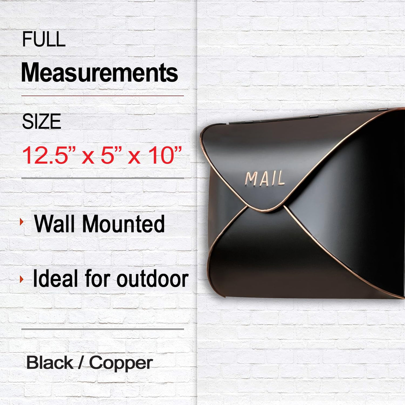 NACH NACH Envelope Wall Mount Mailbox, Maximum Rust Protection Metal Mailbox, Black and Copper Mail Box, Mailboxes for Outside Wall Mount, Outdoor Mailboxes, 13x4.7x10.2 Inches, Wall Mailbox, MB-6941