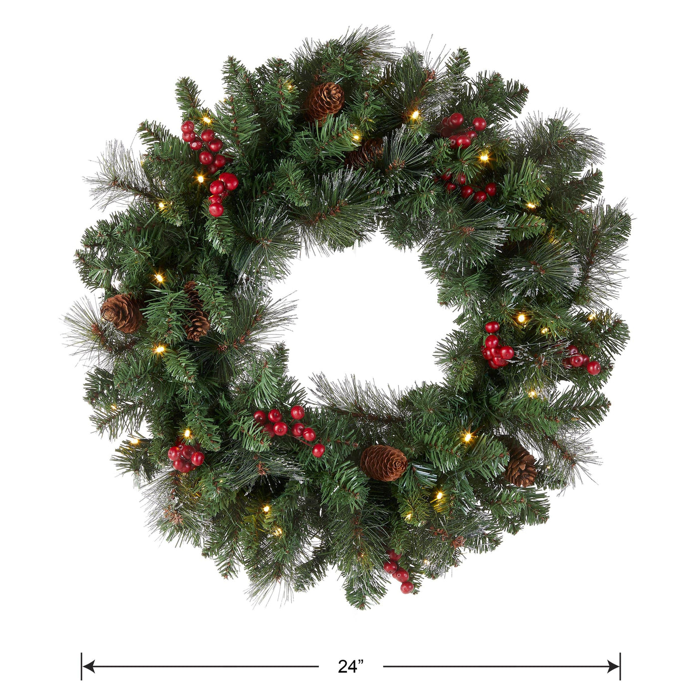 National Tree Company National Tree Company Pre-Lit Artificial Christmas Wreath, Green, Crestwood Spruce, White Lights, Decorated with Pine Cones, Berry Clusters, Frosted Branches, Christmas Collection, 24 Inches