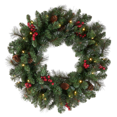 National Tree Company National Tree Company Pre-Lit Artificial Christmas Wreath, Green, Crestwood Spruce, White Lights, Decorated with Pine Cones, Berry Clusters, Frosted Branches, Christmas Collection, 24 Inches