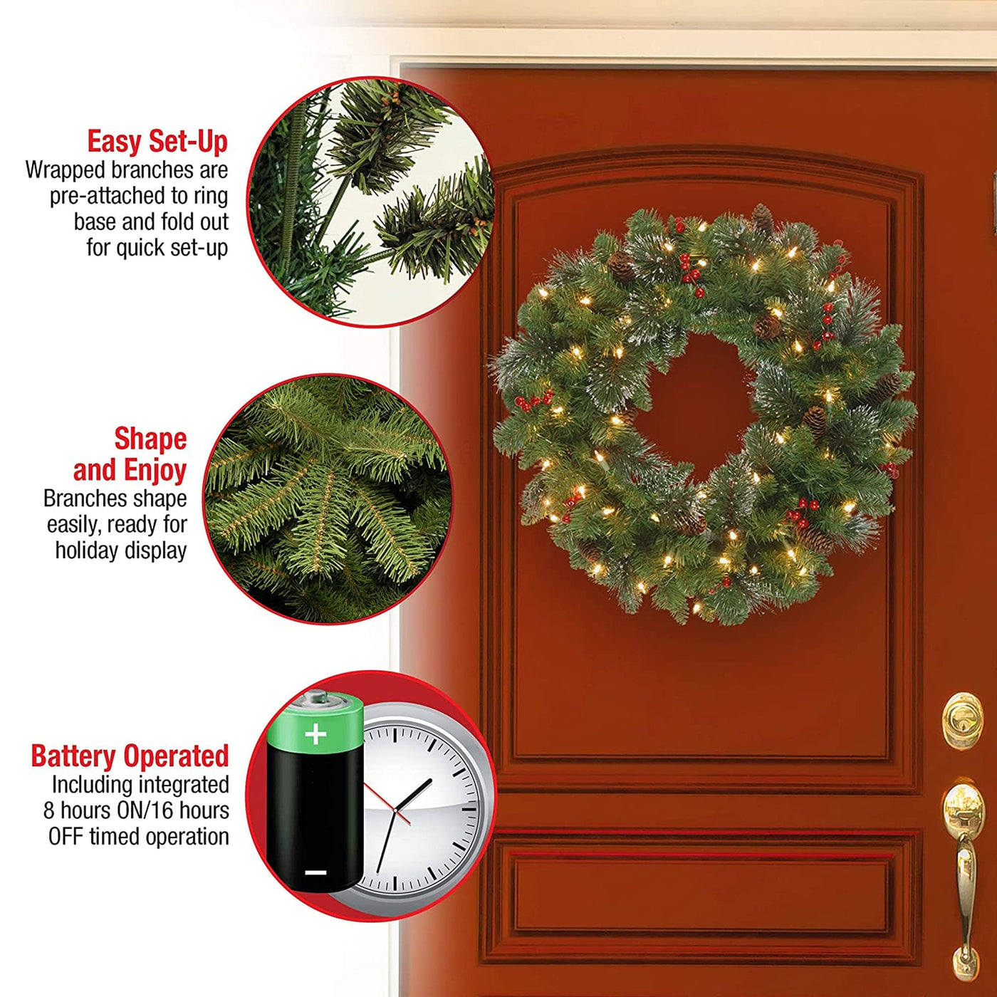 National Tree Company National Tree Company Pre-Lit Artificial Christmas Wreath, Green, Crestwood Spruce, White Lights, Decorated with Pine Cones, Berry Clusters, Frosted Branches, Christmas Collection, 30 Inches