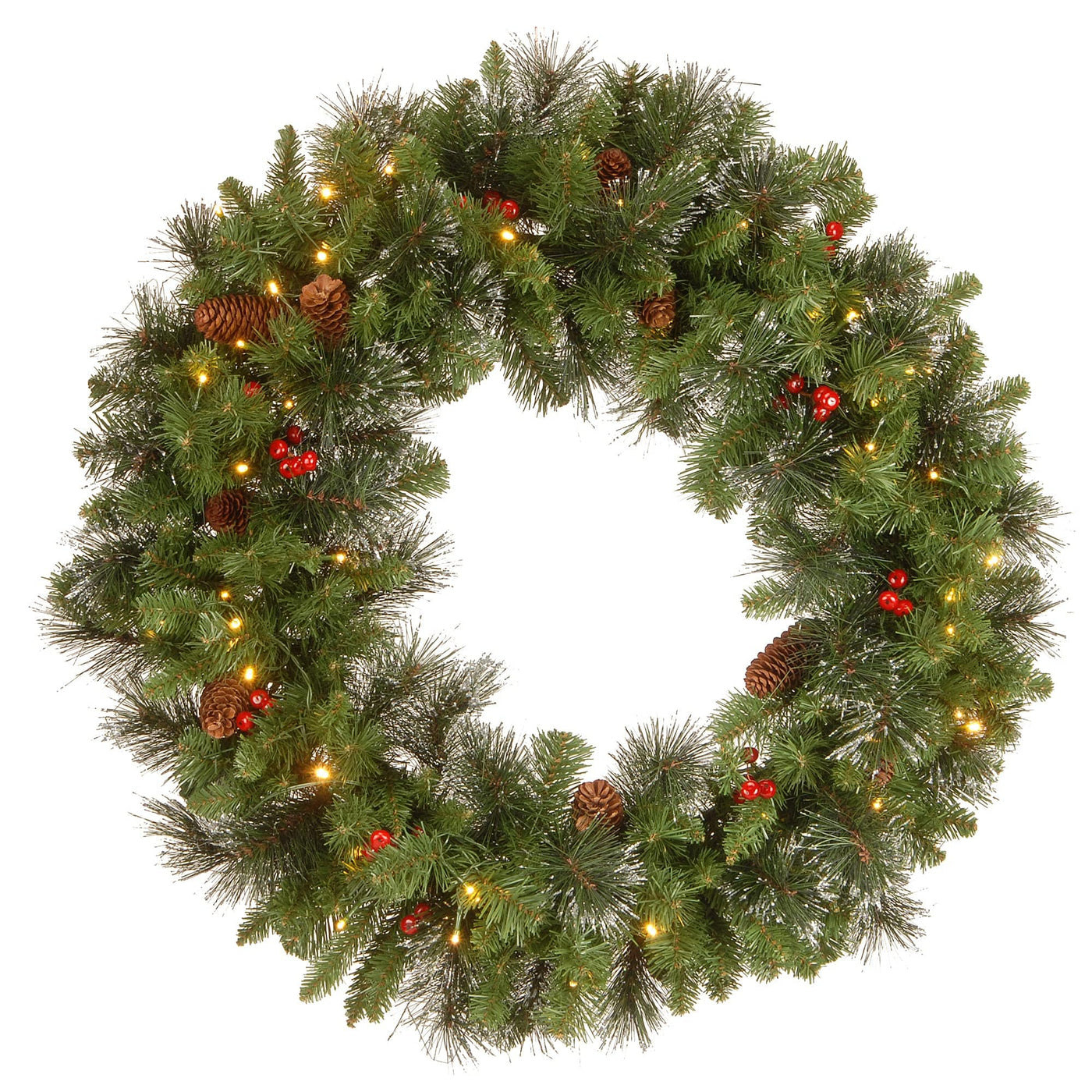 National Tree Company National Tree Company Pre-Lit Artificial Christmas Wreath, Green, Crestwood Spruce, White Lights, Decorated with Pine Cones, Berry Clusters, Frosted Branches, Christmas Collection, 30 Inches