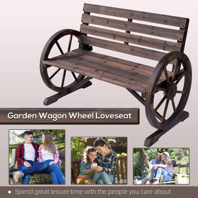 Outsunny Outsunny 41" Wooden Wagon Wheel Bench, Rustic Outdoor Patio Weather Resistance Furniture, 2-Person Slatted Seat Bench with Backrest, Carbonized