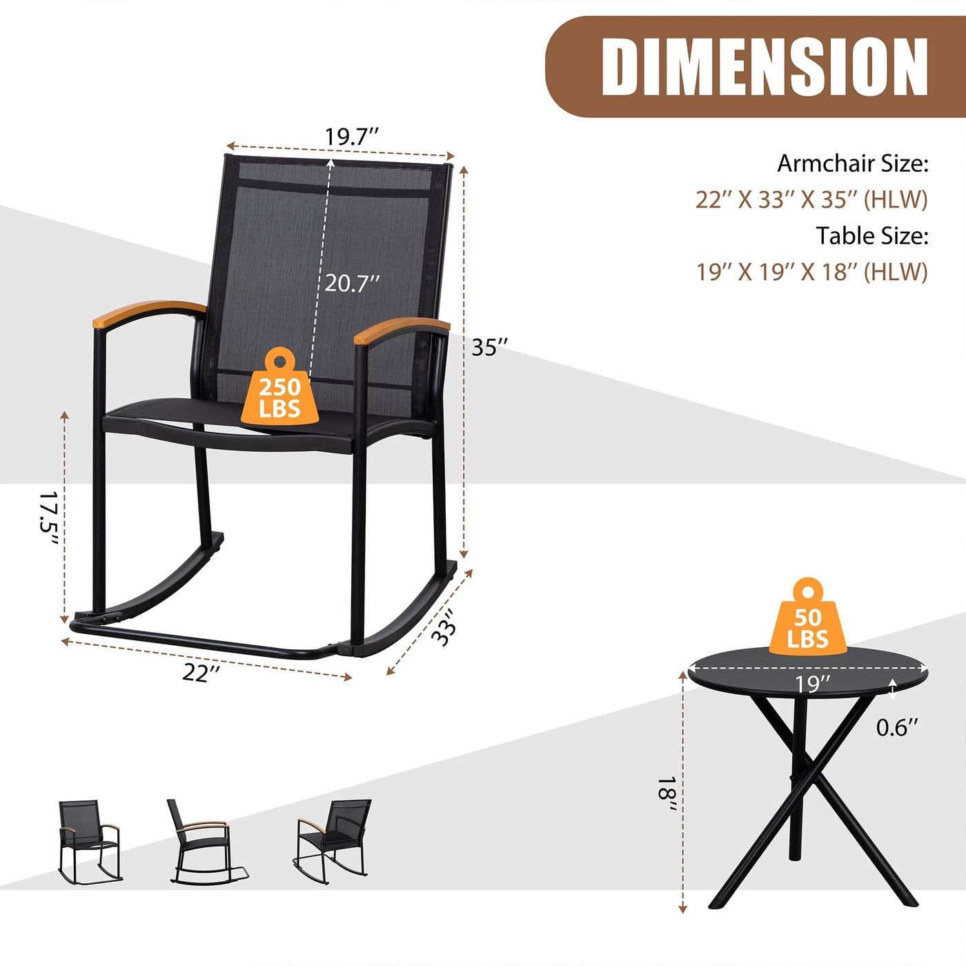 Shintenchi Shintenchi 3 Piece Outdoor Rocking Bistro Set, Textilene Fabric Small Patio Furniture Set, Front Porch Rocker Chairs Conversation Set with Table for Lawn, Garden, Balcony, Poolside (Black)