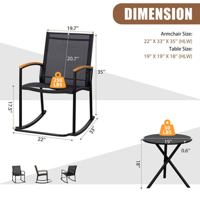 Shintenchi Shintenchi 3 Piece Outdoor Rocking Bistro Set, Textilene Fabric Small Patio Furniture Set, Front Porch Rocker Chairs Conversation Set with Table for Lawn, Garden, Balcony, Poolside (Black)