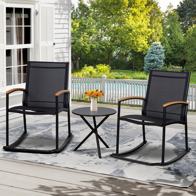 Shintenchi Shintenchi 3 Piece Outdoor Rocking Bistro Set, Textilene Fabric Small Patio Furniture Set, Front Porch Rocker Chairs Conversation Set with Table for Lawn, Garden, Balcony, Poolside (Black)