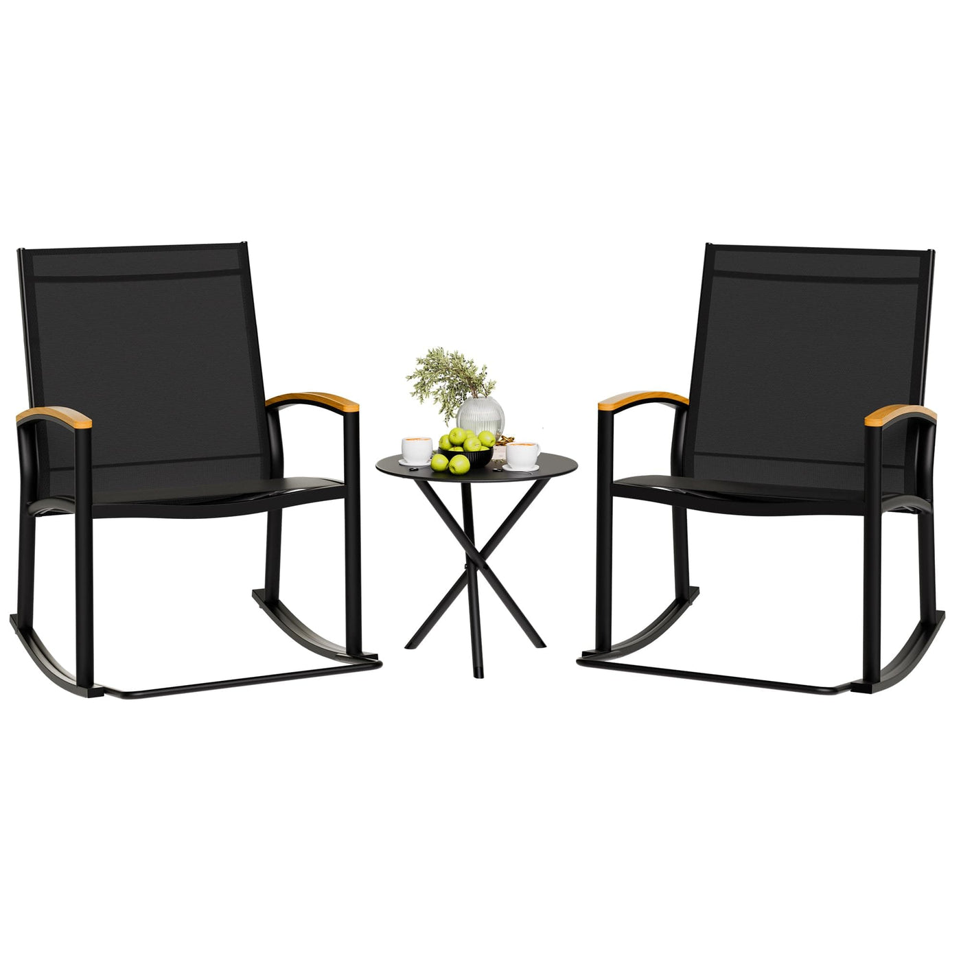 Shintenchi Shintenchi 3 Piece Outdoor Rocking Bistro Set, Textilene Fabric Small Patio Furniture Set, Front Porch Rocker Chairs Conversation Set with Table for Lawn, Garden, Balcony, Poolside (Black)