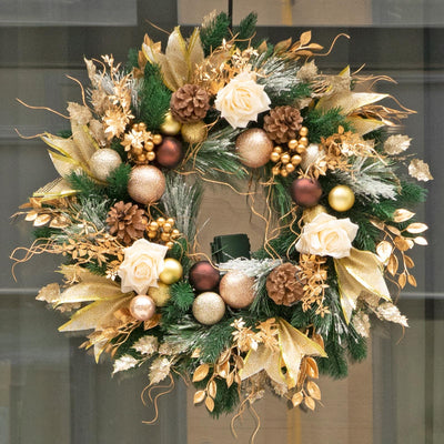 Soomeir Christmas Wreaths for Front Door with Lights Pre-Lit, Soomeir 24“ Champagne Gold Door Wreath with Ball Ornaments, Battery Operated Holiday Thanksgiving Fall Winter Decor (Gold)