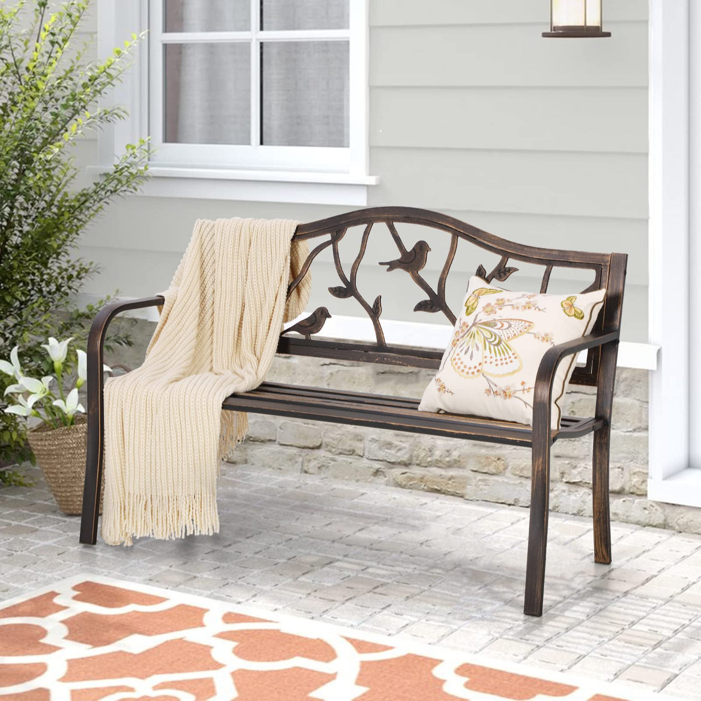 Sophia & William Sophia & William Outdoor Bench, Porch Bench, Garden Bench, Wrought Iron Bench, Outdoor Bench with Backrest and Armrests, Bronze