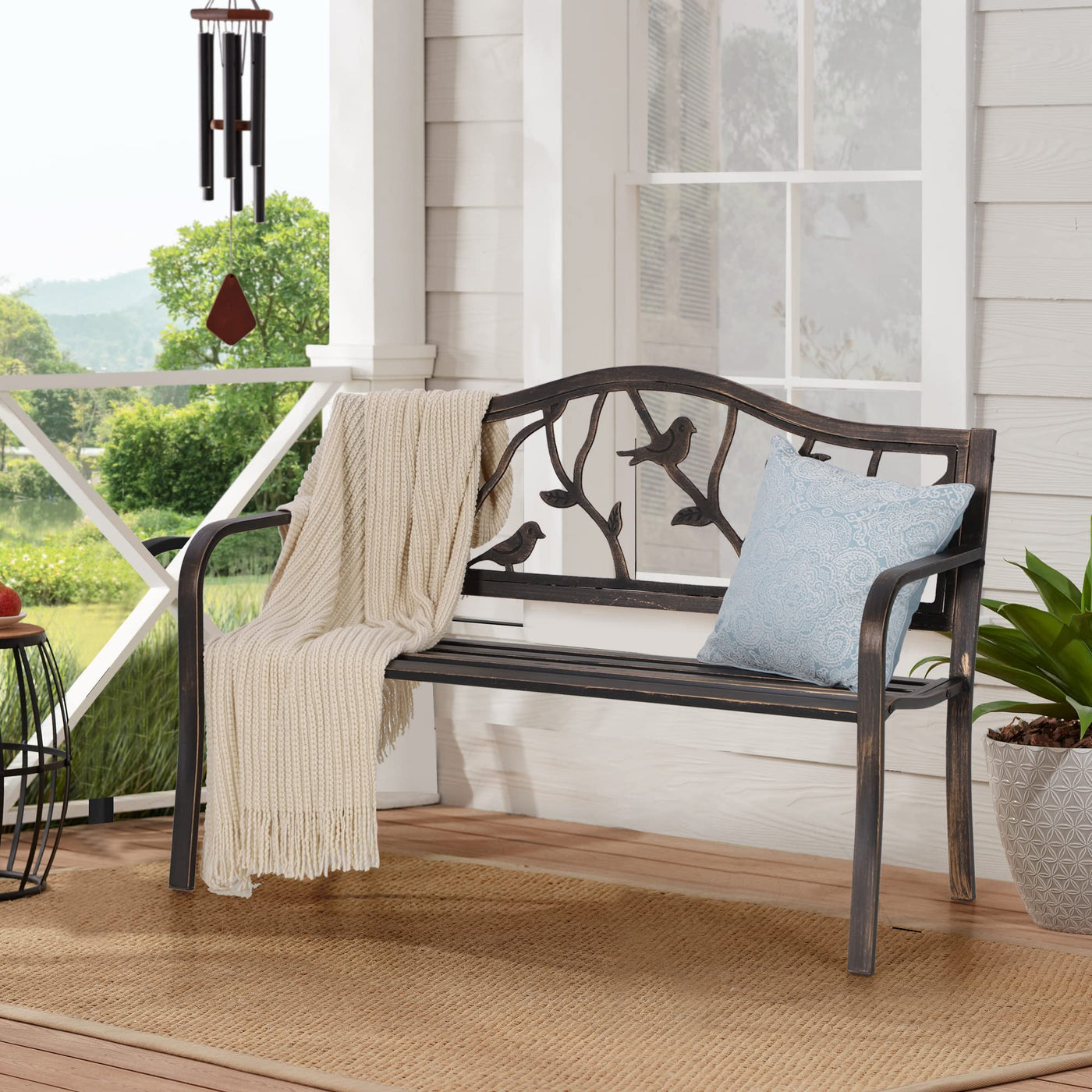 Sophia & William Sophia & William Outdoor Bench, Porch Bench, Garden Bench, Wrought Iron Bench, Outdoor Bench with Backrest and Armrests, Bronze