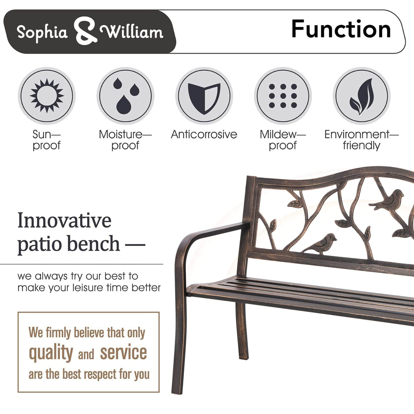 Sophia & William Sophia & William Outdoor Bench, Porch Bench, Garden Bench, Wrought Iron Bench, Outdoor Bench with Backrest and Armrests, Bronze