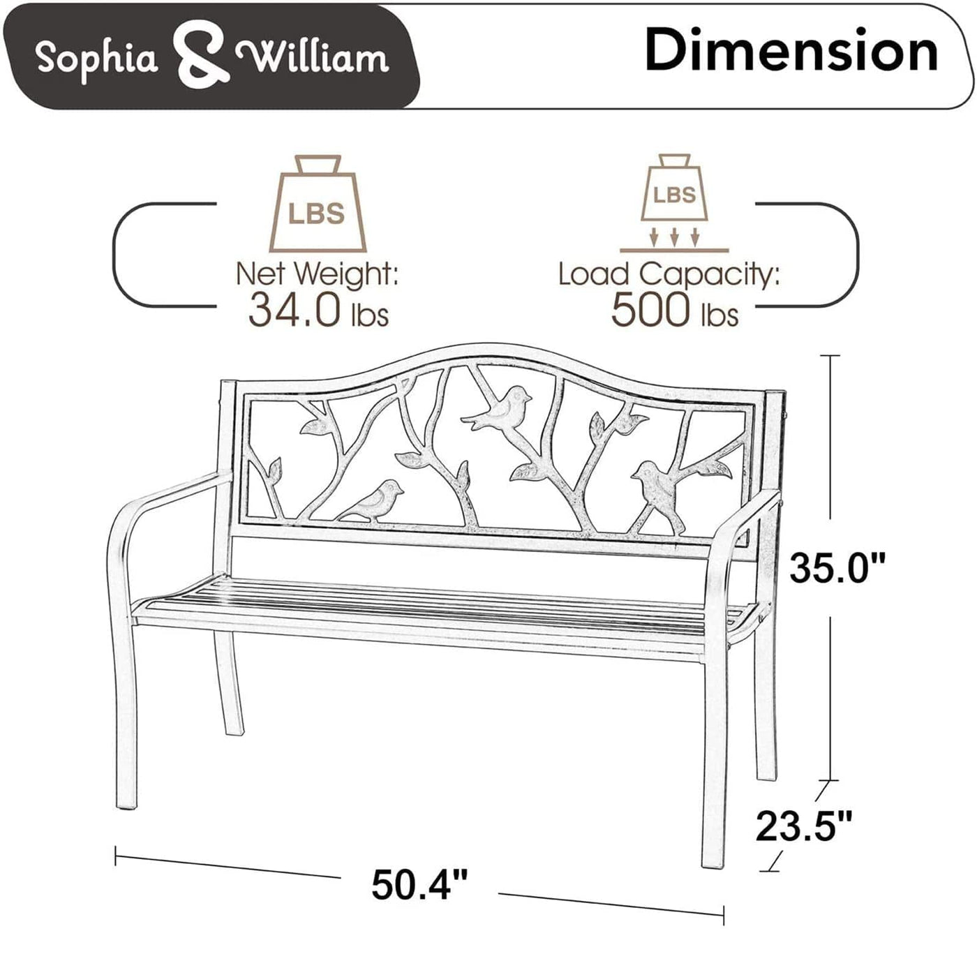 Sophia & William Sophia & William Outdoor Bench, Porch Bench, Garden Bench, Wrought Iron Bench, Outdoor Bench with Backrest and Armrests, Bronze