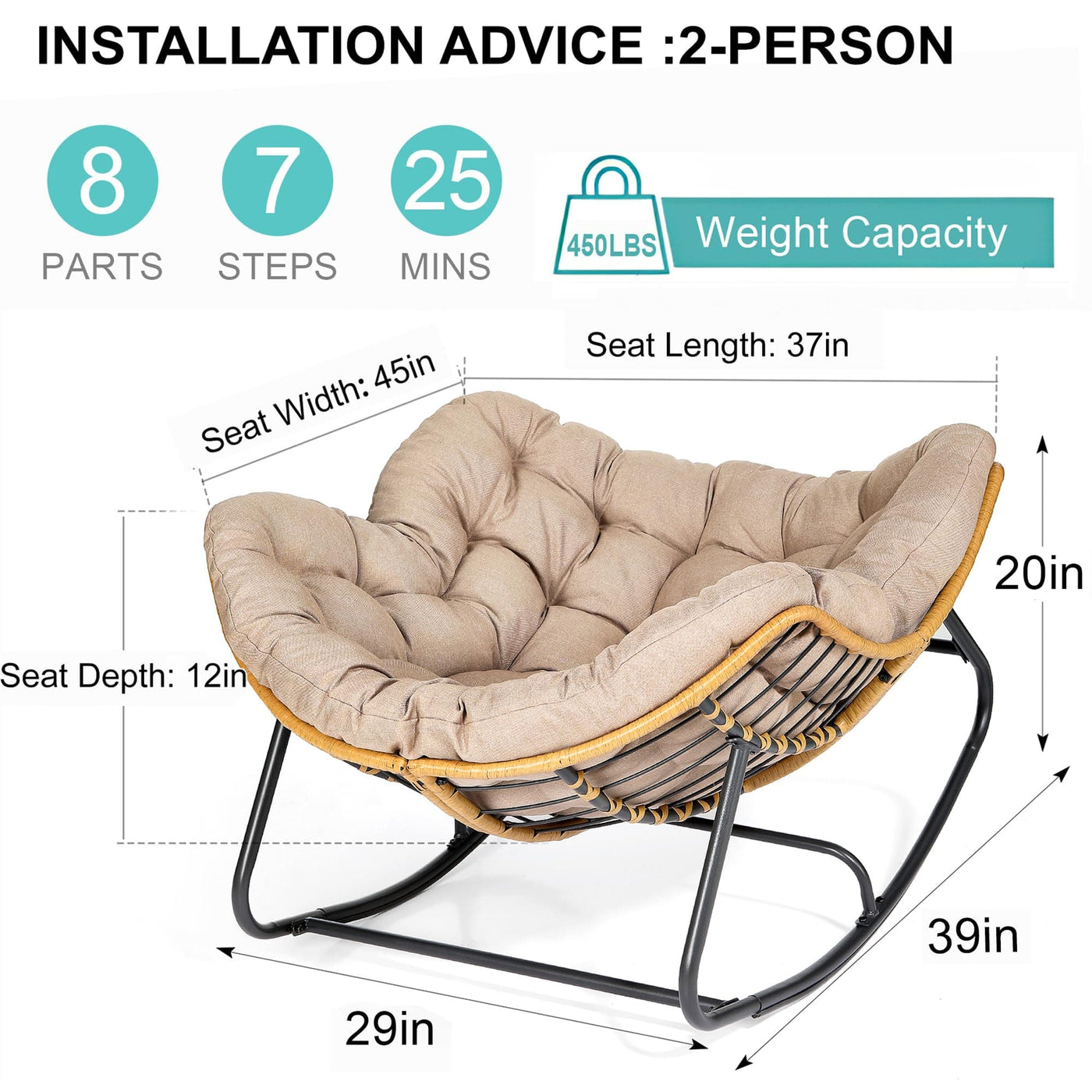 SWITTE SWITTE Outdoor Rocking Chair, Patio Egg Rocking Chair, Indoor Papasan Chair, Rattan Wicker Lounge Chair, Modern Royal Chair for Bedroom, Living Room, Porch, Garden, Lawn-Beige