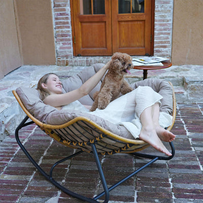 SWITTE SWITTE Outdoor Rocking Chair, Patio Egg Rocking Chair, Indoor Papasan Chair, Rattan Wicker Lounge Chair, Modern Royal Chair for Bedroom, Living Room, Porch, Garden, Lawn-Beige