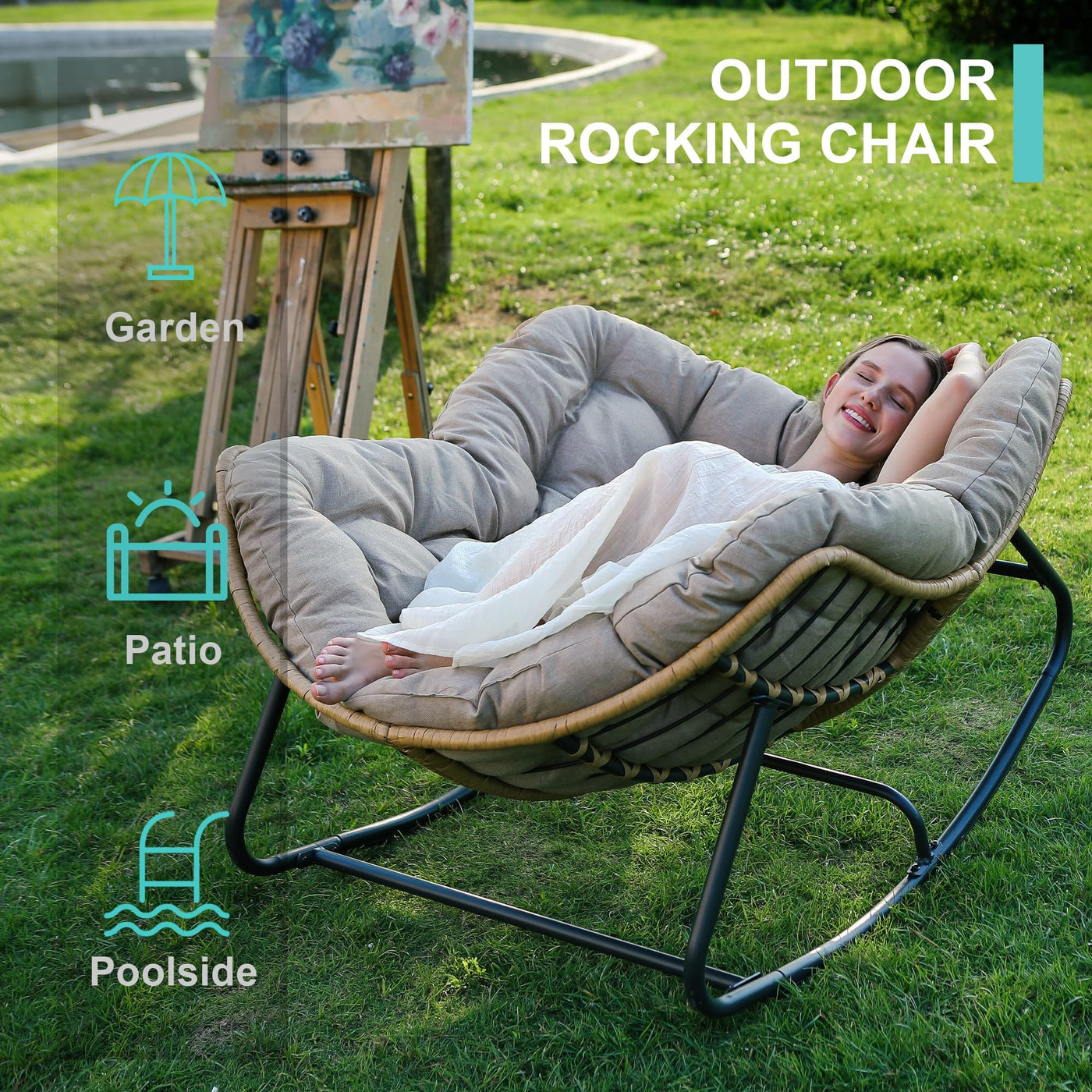 SWITTE SWITTE Outdoor Rocking Chair, Patio Egg Rocking Chair, Indoor Papasan Chair, Rattan Wicker Lounge Chair, Modern Royal Chair for Bedroom, Living Room, Porch, Garden, Lawn-Beige