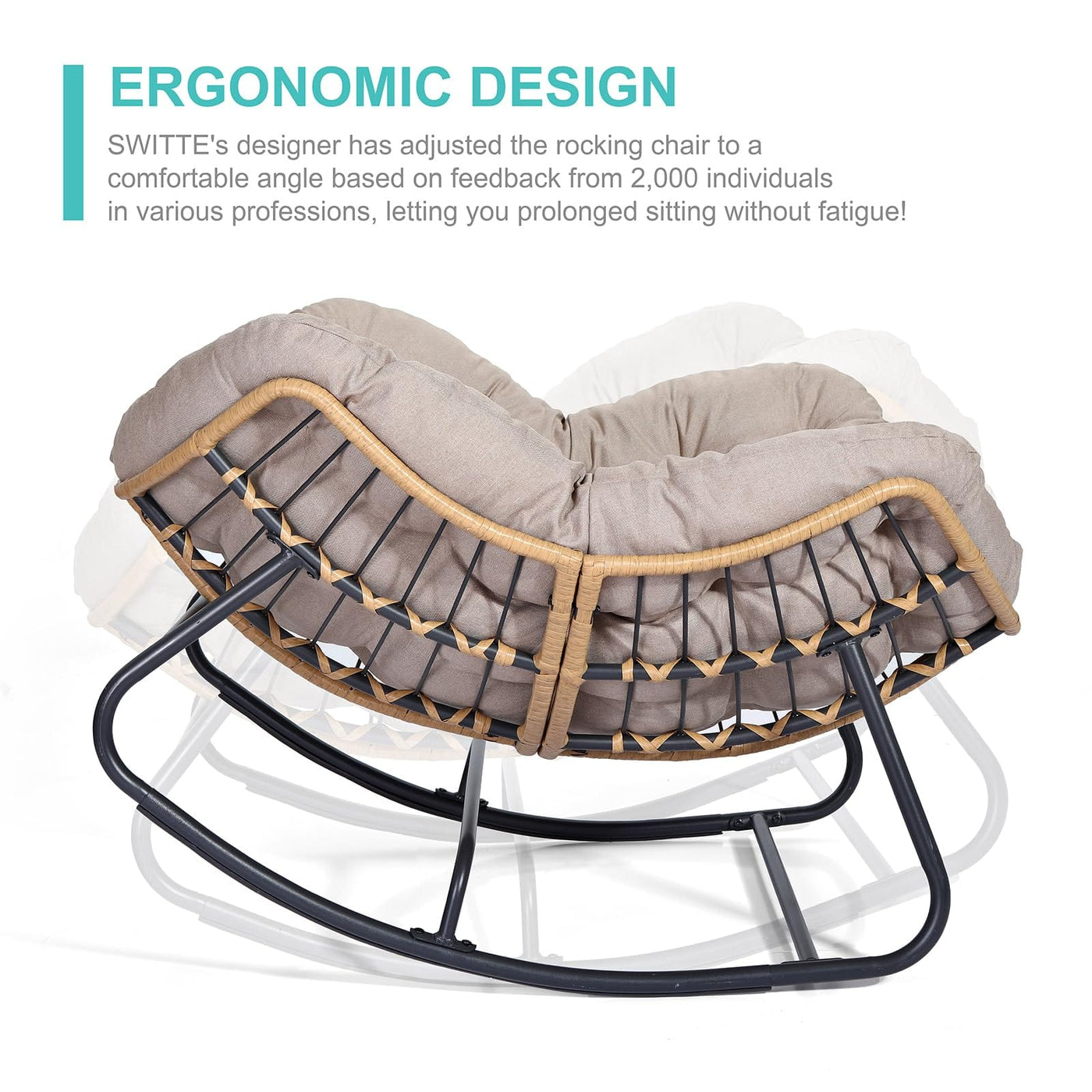 SWITTE SWITTE Outdoor Rocking Chair, Patio Egg Rocking Chair, Indoor Papasan Chair, Rattan Wicker Lounge Chair, Modern Royal Chair for Bedroom, Living Room, Porch, Garden, Lawn-Beige