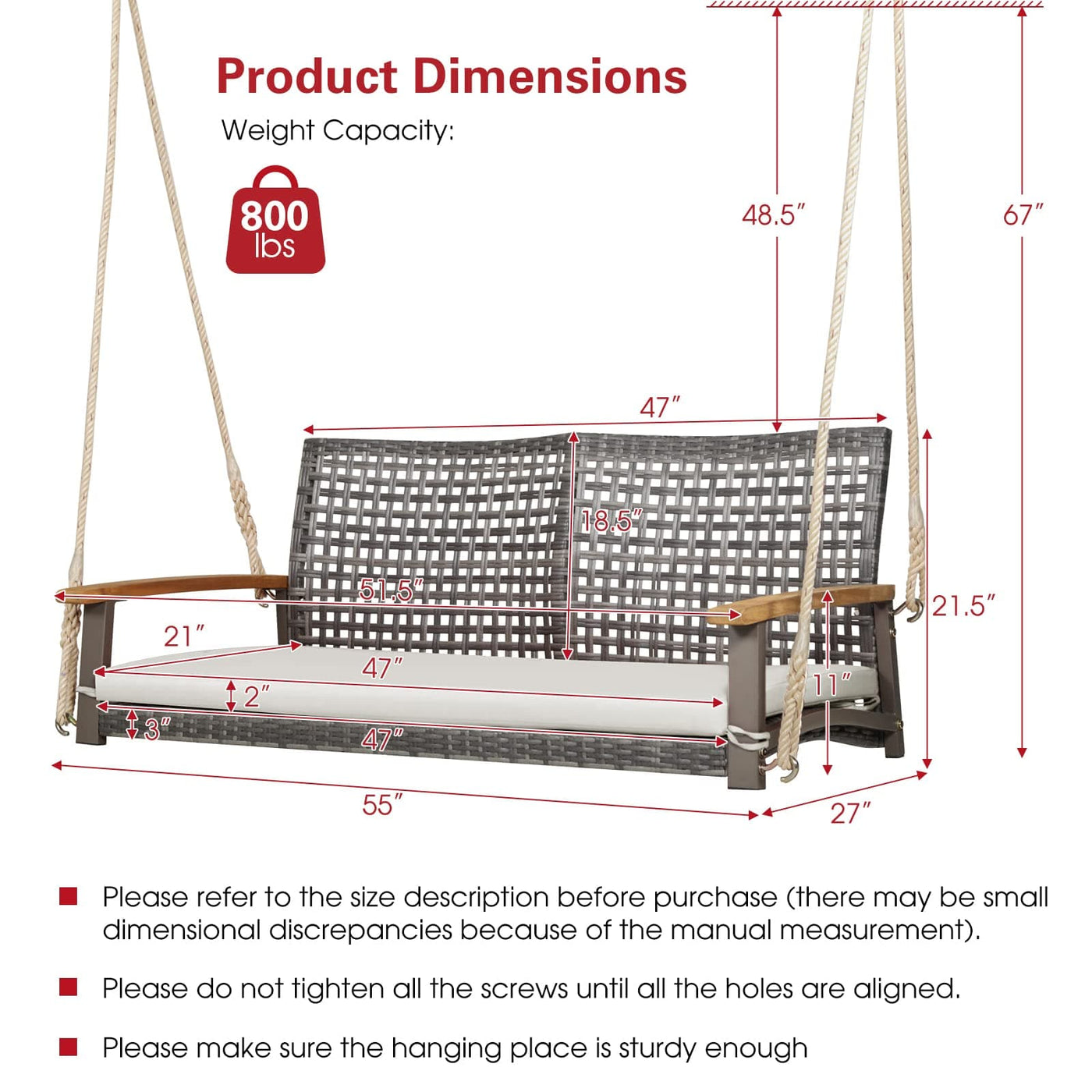 Tangkula Tangkula 2-Person Outdoor Porch Swing with 118" Hanging Ropes, Patiojoy PE Wicker Patio Hanging Swing Bench with Soft Seat Cushion & 800 Lbs Weight Capacity, Suitable for Patio, Garden (Off White)