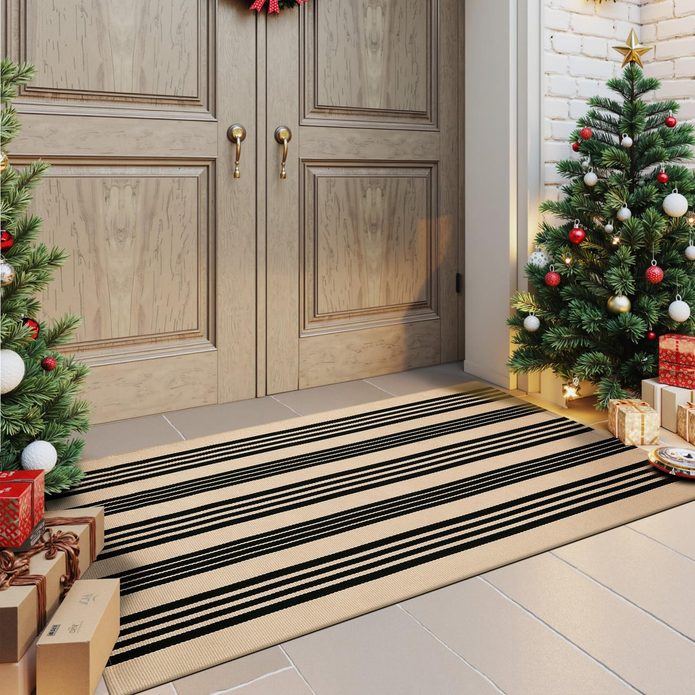 Tiveney Tiveney Christmas Outdoor Rug 3' x 5', Black and Khaki Washable Rugs Front Porch Rug Cotton Woven Entryway Rug, Small Outdoor Patio Rug Layered Doormats Striped Carpet for Front Door/Farmhouse/Camping