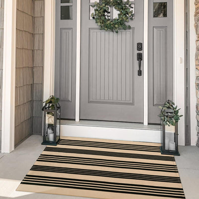 Tiveney Tiveney Christmas Outdoor Rug 3' x 5', Black and Khaki Washable Rugs Front Porch Rug Cotton Woven Entryway Rug, Small Outdoor Patio Rug Layered Doormats Striped Carpet for Front Door/Farmhouse/Camping