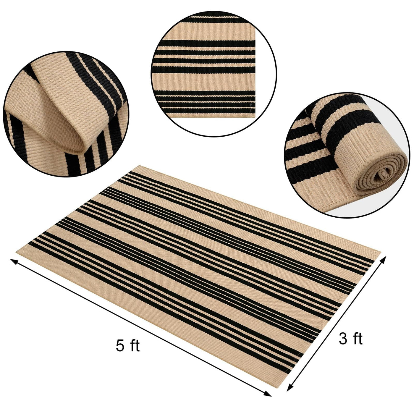 Tiveney Tiveney Christmas Outdoor Rug 3' x 5', Black and Khaki Washable Rugs Front Porch Rug Cotton Woven Entryway Rug, Small Outdoor Patio Rug Layered Doormats Striped Carpet for Front Door/Farmhouse/Camping