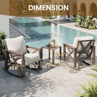 UDPATIO UDPATIO Rocking Chair Bistro Set, 3 Piece Outdoor Patio Furniture Set with 2 Rockers and 1 Metal Coffee Table with Thick Cushions for Porch, Backyard, Poolside,Beige