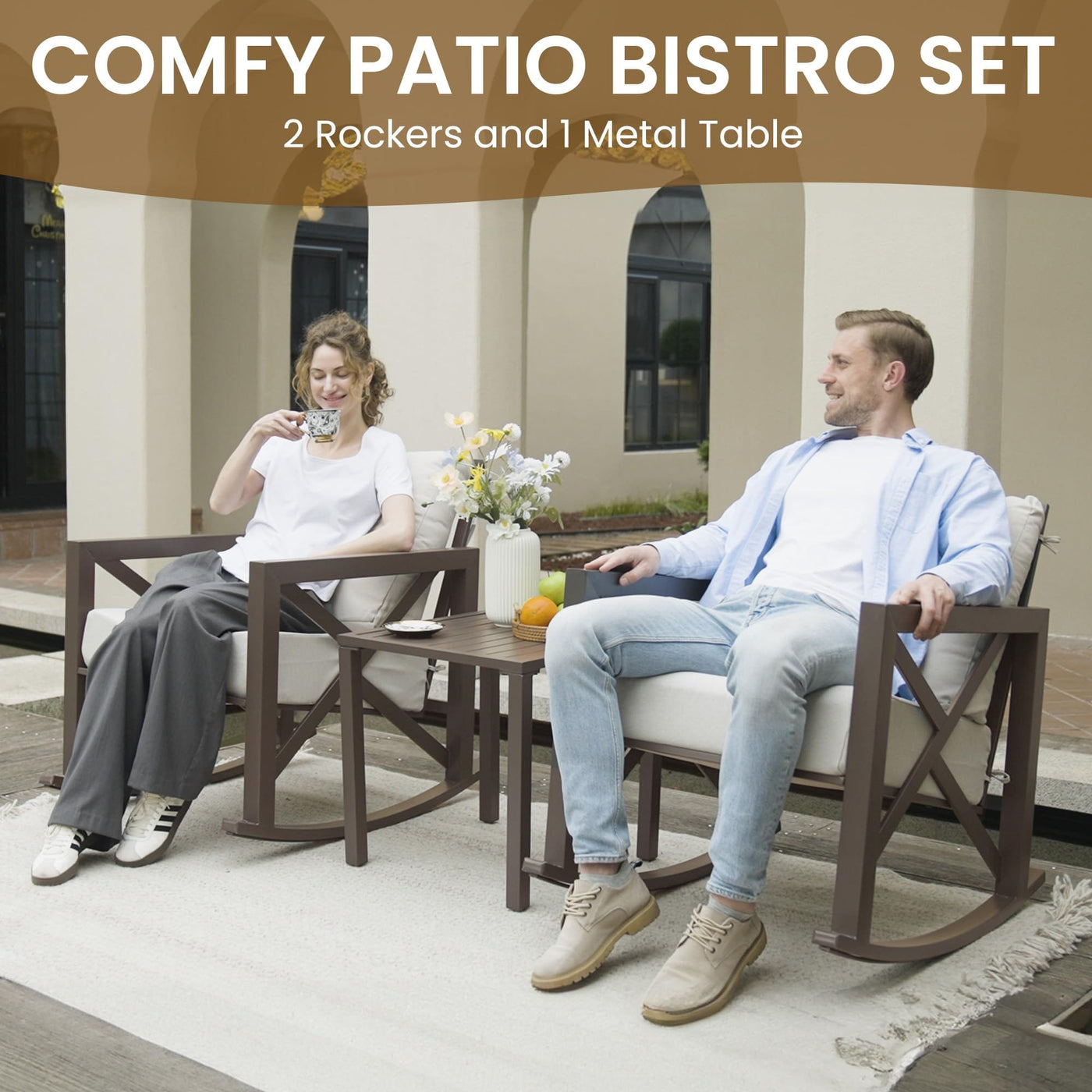 UDPATIO UDPATIO Rocking Chair Bistro Set, 3 Piece Outdoor Patio Furniture Set with 2 Rockers and 1 Metal Coffee Table with Thick Cushions for Porch, Backyard, Poolside,Beige