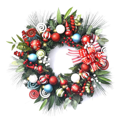 Valery Madelyn Valery Madelyn 24 Inch Pre-Lit Christmas Wreath for Front Door with Lights, Large Lighted Christmas Wreath with Elf Red Green Xmas Balls for Fireplace Window Outdoor Table Centerpiece Home Decoration