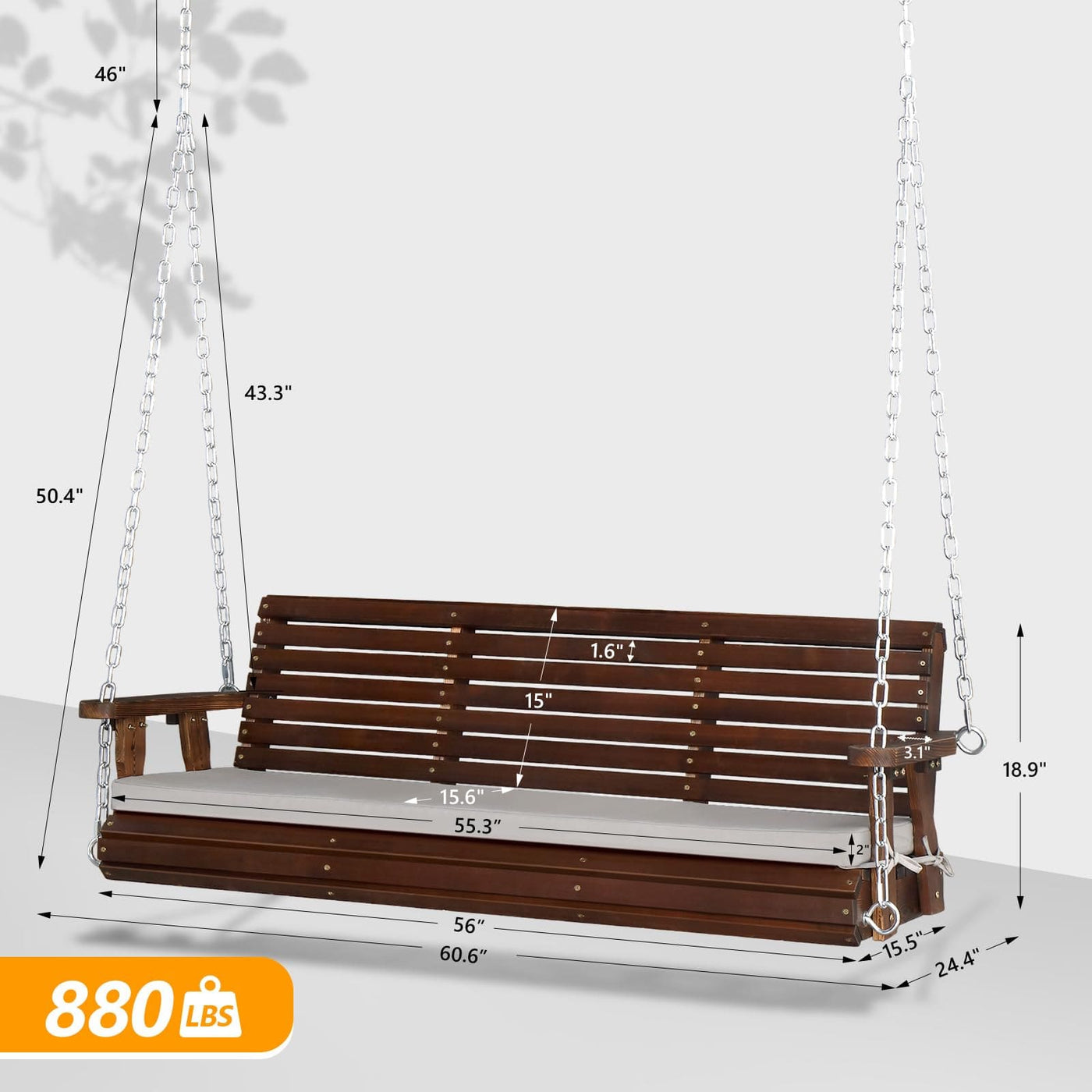 VINGLI VINGLI Heavy Duty 880 LBS Patio Wooden Porch Swing Outdoor with Extra Cushion, Farmhouse Hanging Bench Tree Swing with Adjustable Chains for Yard | Garden | Lawn | Balcony (5 FT, Rustic)