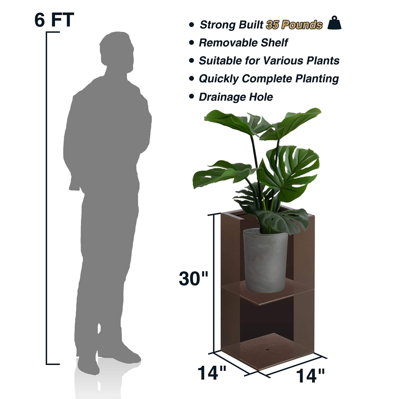 Wallowa Wallowa Large Planter for Outdoor Plant 14Lx14Wx30H Inches Metallic Heavy Tall Planter Box for Outdoor & Indoor, Rectangular Flowerpot 35Lbs/PC, Espresso, No Assembly and Seamless, Set of 2